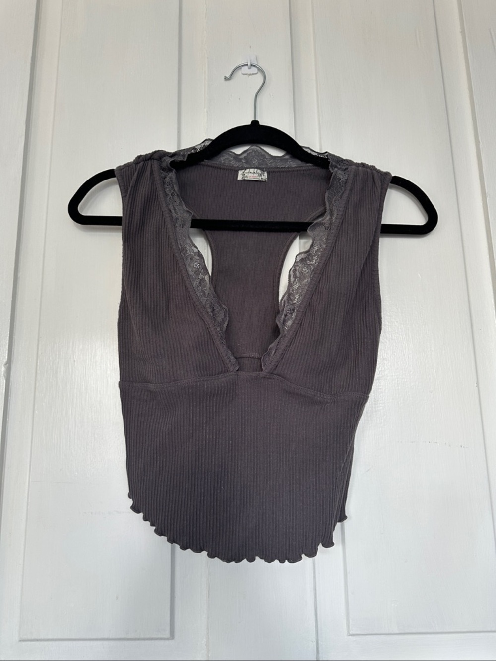 Free People Ribbed Lace-Trim V-Neck Racerback Tank - Muted Purple